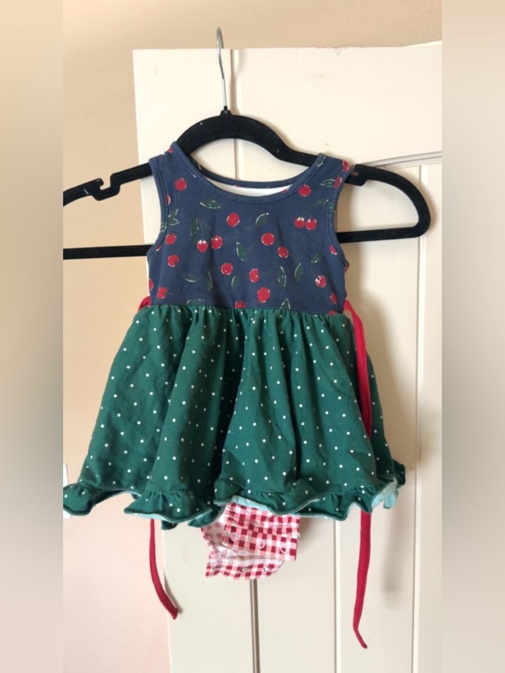 SweetHoney Navy Skirted Romped with Red Cherry Print and Green Polka Dot Skirt